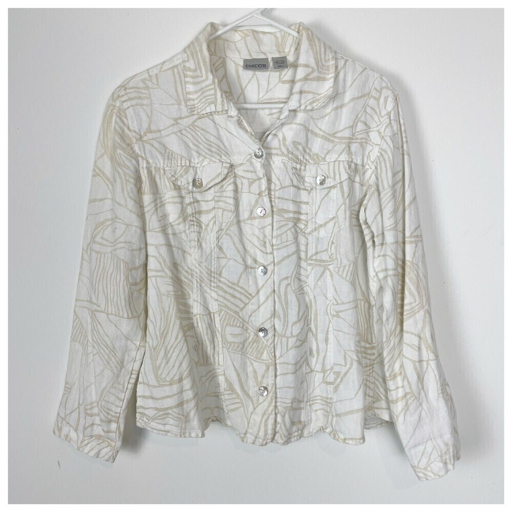 Chicos 100% Linen White Tan Jacket Blazer Size 1 Medium